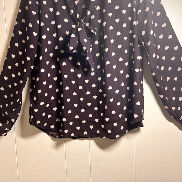 LOFT Ann Taylor Blouse L Brown Heart Print Tie Neck Long Sleeve Romantic Top - Picture 5 of 13